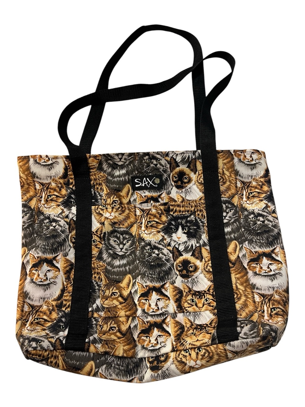 Vintage SAX All Over Print Cat Faces Fabric Zip Up Tote Bag with Pocket